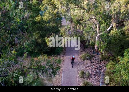 A woman cycling along the Merri creek path in Melbourne, Victoria, Australia. Stock Photo