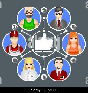 Conceptual illustration showing the diversity of people in a social network with six avatars of men and women linked around a central thumbs up Like i Stock Vector