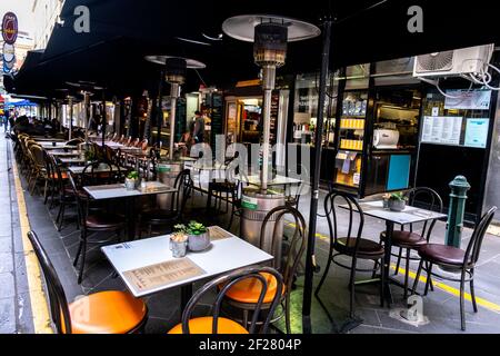 Because of the covid virus there is a lack of tourists in Degraves Lane, the coffee and tourism centre of Melbourne, Victoria, Australia Stock Photo