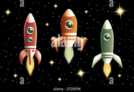 Set of three retro vector rockets or spacecraft flying through outer space with flaming turbo boosts against a dark starry sky Stock Vector