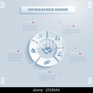 Vector paper infographics with social media and networking icons showing links  contacts  community  chat  share  search and like on five segments of Stock Vector