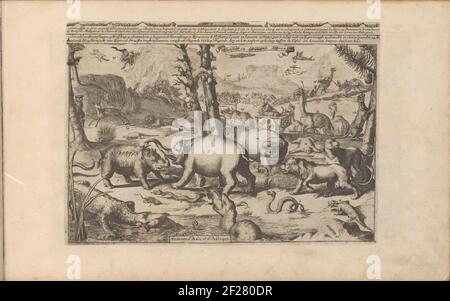Aziatische en Afrikaanse dieren; Asiatische en Afrikaense dieren / Animaux d'Asie et d'Afrique; Les Indes Orientales et Occidentales et autres lieux.Landscape with Asian and African animals. In the front floor on the left, a man is devoured by a crocodile. The large hose in addition is a prey to it. The show shows, among other things, a glasses hose, Kamelion, iguana, rhino, elephant, lion and lioness, hippopotamus, sloth, tiger, camel, deer and centipede. Flying fish and a flying cat in the air. A lion and an ostrich are caught in the background. With a legend in French and Dutch. The print i Stock Photo