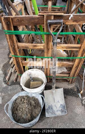 Workmen's tools on a construction site in Melbourne, Victoria, Australia Stock Photo