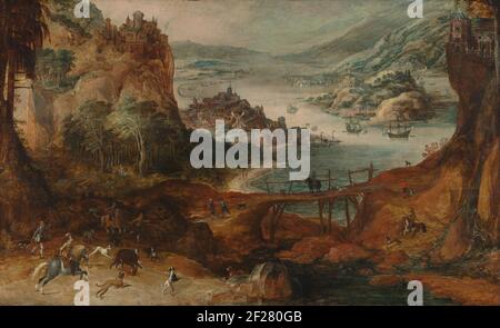 River Landscape with Boar Hunt.Wide river landscape with wild boar hunt. Landscape with a city located on a river or more in a valley. There are a few ships on the water. In the foreground, hunters kill a wild boar on horseback and dogs. On the right a rider on a wooden bridge, on the hilltops are castles. Stock Photo