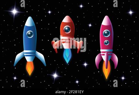 Three brightly colored vector rockets in outer space with turbo boost and flames as they speed through the dark starry sky  set of three different spa Stock Vector
