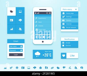 Operating system interface elements in blue color. Phone elements and icons Stock Vector