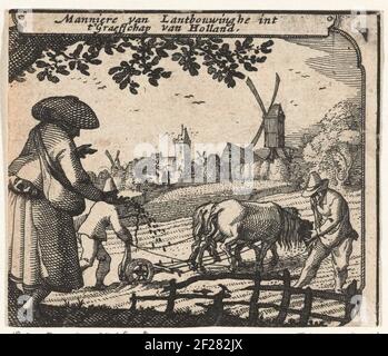Agriculture in Holland, ca. 1600; Illustrations from the edge at the map of Holland of 1610.Costumes, Business activities and legends in Holland, Illustrations at map of Holland. Agriculture in Holland, sowing and plowing, approx. 1600. Above the plate one or two rules description. Stock Photo
