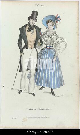La Mode, 1830, Pl. 76 : Toilette de Promenade.'Toilette the promenade'. Man and woman, armed, both in hiking suit. Man: jacket, cardigan and spanbroek with wide flared pipes. Knotted neckerchief. Wrinkled Jabot. Accessories: Top hat with a narrow raised edge, gloves, walking stick, shoes with square noses. Woman: blouse with flat sleeve bet and sheep bolt sleeves. Striped skirt. Canopy hat with striped ribbon in red, white and blue. Further accessories: striped belt in red, white and blue, gloves, boots with square noses. Print from the La Mode mode magazine (1829-1855). Stock Photo