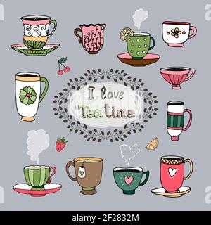 I Love Tea Time central cartouche with a foliate frame surrounded by a variety of cups of tea in different shapes and patterns  hand drawn vector illu Stock Vector