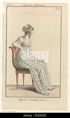 Newspaper of Ladies and Modes, Paris Costume, July 24, 1800, An 8 (232): Double Frosted Hood. 'Decorated with smoke. Japan with pattern of arcs. POF Sleeves and Drag. To the neck has striped damn (?). Flat Shoes with tip nous. The Print Is Part Of The Fashion Magazine Laden Journal and Moldes, Published By Pierre de la Mesanger, Paris, 1797-1839. Stock Photo