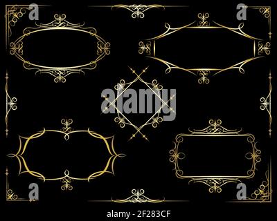 Set of five different white vector decorative ornate frames on a black background with corner  header and footer elements for use on documents and man Stock Vector