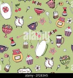 Hand-drawn seamless background vector pattern with teacups  teapots  sweets  cupcakes  honey and flowers on a green background in square format for wa Stock Vector