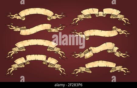 Set of eight vintage ribbons or banners with aged curled ornate folded ribbons for use in heraldry  manuscripts  classics and antiquity  vector illust Stock Vector