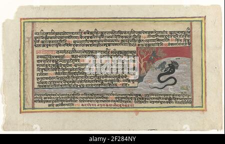 On a sheet with text in Indian scripture, a river has been painted between the text that flows up to the top right in a square deployment; In the river, the black hose swims with a wide head from which fan-shaped eight snake heads insert; Two figures on the shore, one of which dives from a tree branch on the hose to kill it and remains the second on the branch, both figures are blue; In the river a number of fish, the tree on the shore stands against a dark red background. The text is in black with some orange letters, numbers and words, at the bottom of a piece in dark red; The whole is trimm