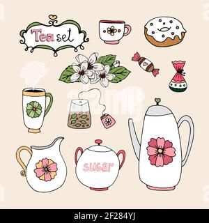 Set of vector tea service icons with cup  teapot  sugar  milk jug  teabag  candy  doughnut and posy of flowers Stock Vector