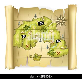 Vintage pirate map or treasure map with island and wind rose Stock Vector