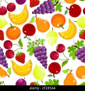 Fresh fruits and berries seamless pattern in the colours of the rainbow with grapes  orange  lemon  cherry  strawberry  plum  banana  pear and apple Stock Vector