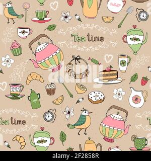 Hand drawn vector afternoon tea seamless background pattern with teapots  birds  cups  cakes  pastries and birds scattered on a beige background in sq Stock Vector