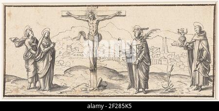 Christus aan het kruis.Christ on the cross, left Maria and John, right H. Petrus Martyr and an unknown male saint. Stock Photo