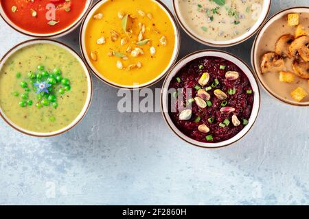 Vegan soup banner with a place for text. Various vegetable soups Stock Photo