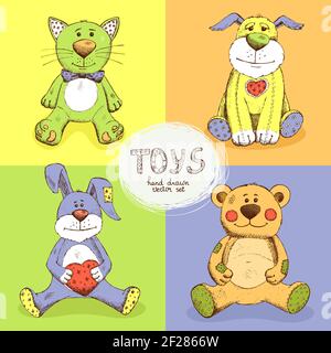 vector illustration cute stuffed animals, bear rabbit dog and cat Stock Vector
