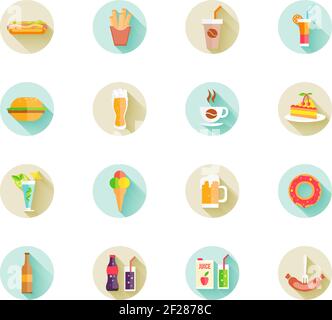 Set of colorful fast food icons on web buttons with various beverages and food including hamburger  sausage  cake  hotdog  French fries  doughnut and Stock Vector