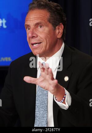 NEW YORK, NY: JULY 23: New York State Governor Andrew Cuomo, alone with members of his administration update the state of New York on Covid-19, quarantined decisions in regards to interstate travel, federal troops entering New York State and takes questions from the press at the New York State Governor's Office on July 23, 2020 in New York City. Credit: mpi43/MediaPunch Stock Photo