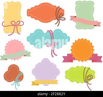 Set of colorful ornamental labels or tags with ribbons in nine different shapes with copyspace for your greeting or text  vector illustration isolated Stock Vector