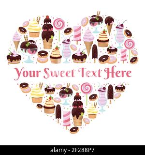 I Love Sweets heart shaped vector design with copyspace for text formed of colorful icons of ice cream  glazed and iced cakes  pastries  candy and des Stock Vector