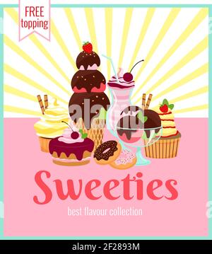 Sweeties retro poster design with a colorful array of ice cream  cakes  cookies  donuts  and cupcakes over a pink background with yellow rays and text Stock Vector