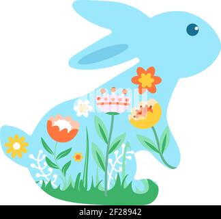 Festive Easter bunny decorated with flowers. Vector illustration of the Happy Easter icon. Stock Vector