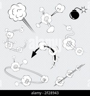 Set of black and white vector cartoon comic book explosions with puffs of smoke  smoke rings with motion trails and a bomb with a burning fuse Stock Vector