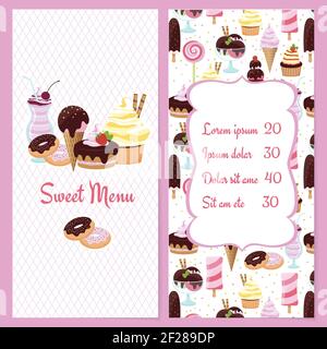 Colorful vector dessert menu template for restaurants with a framed price list surrounded by ice cream  candy  sweets  pastries and desserts on one ha Stock Vector