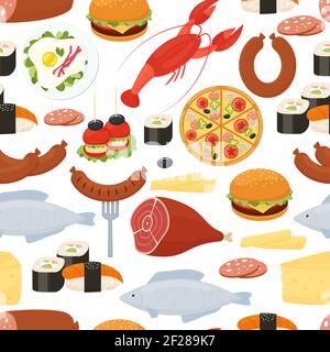 Food seamless pattern in flat style with scattered colorful vector icons of roast meat  lobster  sushi  fish  sausage  pizza  eggs  cheese  and salami Stock Vector