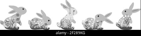 A set of cute bunnies decorated with flowers. Monochrome image. Vector illustration of a happy Easter icon Stock Vector