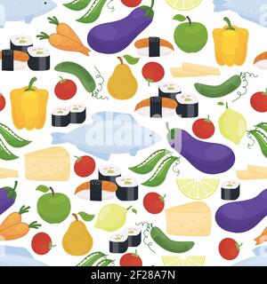 Healthy food seamless background pattern with colorful scattered icons of eggplant  bell peppers  fish  sushi  fruit  lemon  cheese  peas  carrots  to Stock Vector
