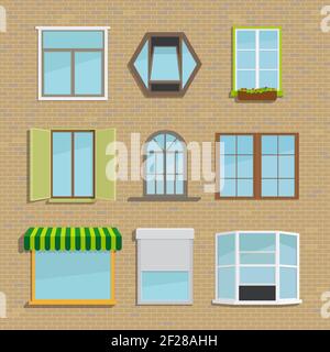Set of icons of different types of windows. Construction frame, house and architecture, vector illustration, blinds and shutters, awning and tide Stock Vector