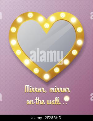 Mirror in shape of heart on wall. Reflection and frame, vector illustration Stock Vector