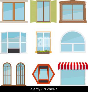 Vector flat window set. Glass design elemen icon, architecture construction, exterior and frame Stock Vector