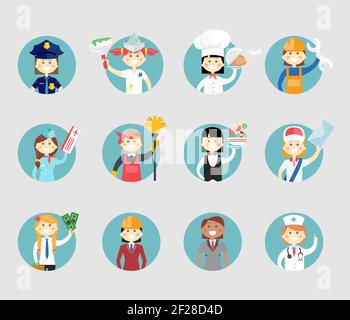 Professional women avatar set on round web buttons a police sergeant  painter  chef  mechanic  air hostess  cleaner  waitress  postal worker  business Stock Vector