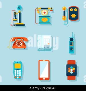 Flat phone icons set. Retro and touchscreen, digital display and gadget, handset and communicator. Vector illustration Stock Vector