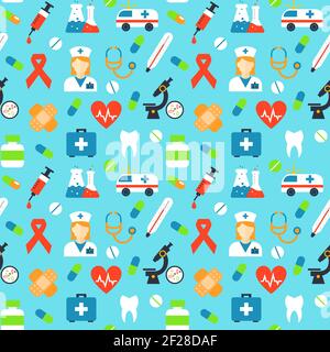 Vector medical seamless pattern. Medicine microscope, red ribbon, plaster and antibiotic, blood and pulse, vitamin and syringe, capsule and thermomete Stock Vector