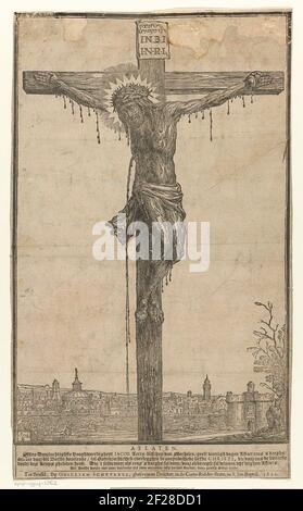 Christus aan het kruis.Christ on the cross nailed, the blood flows in various places from his body. In the background the city of Jerusalem. Four lines of Dutch text in a framework. Release from Archbishop Jacob van Mechelen. Stock Photo