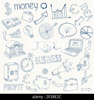 Set of black and white business and money infographic vector doodle sketch icons depicting  investment  savings  success  analytics  targets  planning Stock Vector