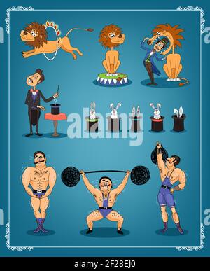Magician with a row of rabbits in top hats with an animal trainer or lion tamer and strongman from a circus each showing three acts on a blue graduate Stock Vector