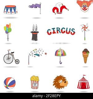 Set of colorful vector circus icons with a podium  flag  jokers hat  balloons  rabbit in a hat  penny wheeler  magic wand  umbrella  ice cream  ball Stock Vector