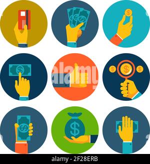 Set of nine different colorful money in hands icons with dollar notes  bills  coins  bank card and money bag  conceptual of finances  payment  purchas Stock Vector