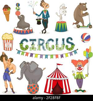 Colorful vector circus  funfair and fairground icon set with an ice cream   balancing seal  poodle and elephant  magician  bear  popcorn  strongman  b Stock Vector
