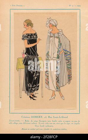 Très Parisien, 1923, No. 3: Créations Robert ... diaboles. Designs by Robert. Dress of black 'crepe Georgette' embroidered with satin and silver, a strip of tulle makes this beautiful 'Toilette'. The other dress is pink, the Cape of White Crépella embroidered with cashmere. Accessories: Cloche (Pothoed), Pumps. Print from the fashion magazine Très Parisien (1920-1936). Stock Photo