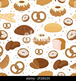 Bread and baking seamless pattern in square format with bagels  pretzels  muffins  loaves of bread  croissants  cakes and donuts  vector illustration Stock Vector